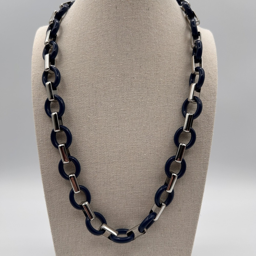 Lia Sophia Navy Blue Resin Silver Tone Chunky Statement Necklace Single Strand